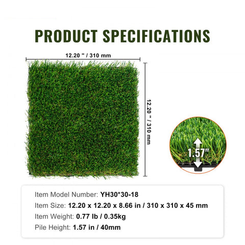 Artifical Grass Tiles Interlocking Turf Deck Set, 18 Pack - 12"x12", Synthetic Fake Grass Self-draining Mat Flooring Decor Pad, Perfect For Multi-Purpose Indoor Outdoor Entryway Scraper Dog Mats