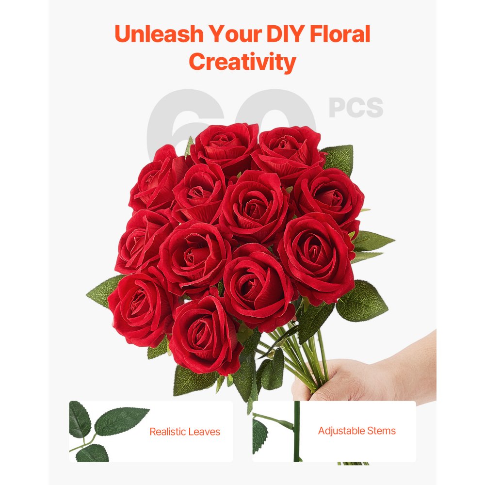 60 Pcs Red Roses Artificial Flowers Realistic Bouquet for Xmas Home Decor