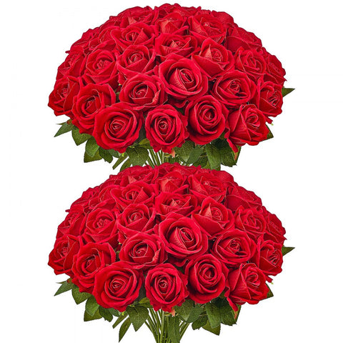 60 Pcs Red Roses Artificial Flowers Realistic Bouquet for Xmas Home Decor