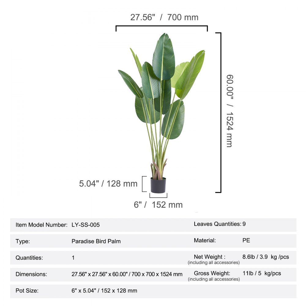 Artificial Birds Of Paradise Tree, 5 FT Tall Faux Plant, PE Material & Anti-Tip Tilt Protection Low-Maintenance Plant, Lifelike Green Fake Tree for Home Office Warehouse Decor Indoor Outdoor