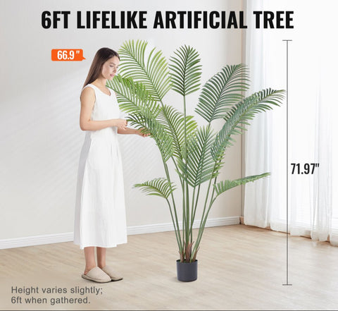 Artificial Palm Tree, 6 FT Tall Faux Plant, Secure PE Material & Anti-Tip Tilt Protection Low-Maintenance Plant, Lifelike Green Fake Tree for Home Office Warehouse Decor Indoor Outdoor