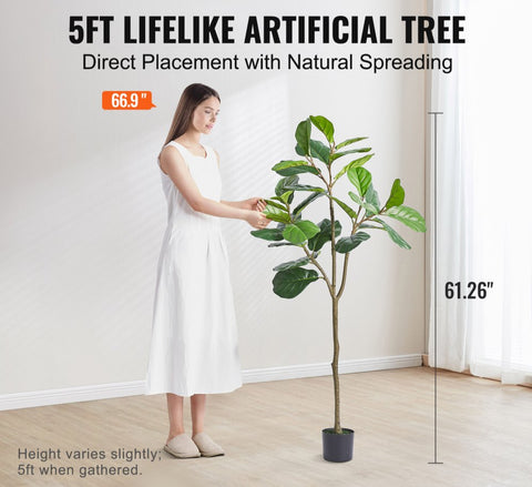 Artificial Fiddle Leaf Fig Tree, 5 FT, Secure PE Material & Anti-Tip Tilt Protection Low-Maintenance Faux Plant, Lifelike Green Fake Potted Tree for Home Office Warehouse Decor Indoor Outdoor