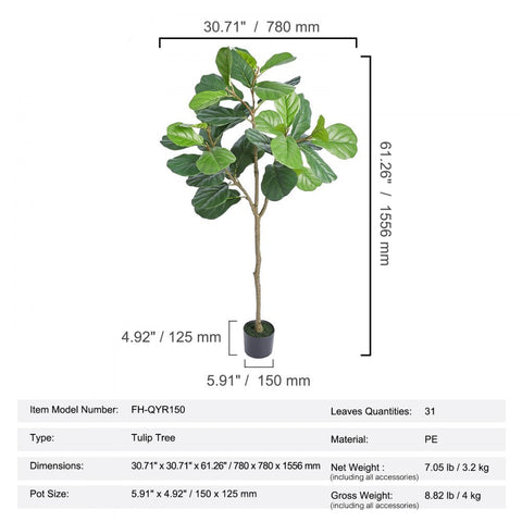 Artificial Fiddle Leaf Fig Tree, 5 FT, Secure PE Material & Anti-Tip Tilt Protection Low-Maintenance Faux Plant, Lifelike Green Fake Potted Tree for Home Office Warehouse Decor Indoor Outdoor