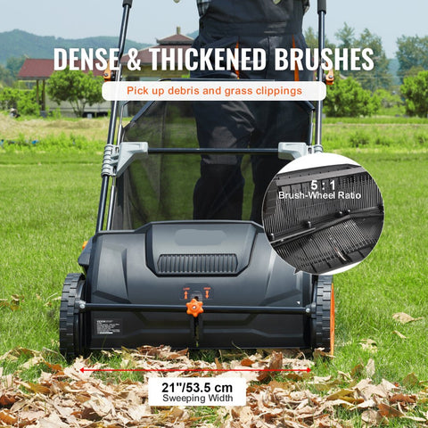 Push Lawn Sweeper 21 inch Leaf Grass Collector Durable Steel Frame Rubber Wheels 35 cu ft Hopper Bag 2 Spinning Brushes