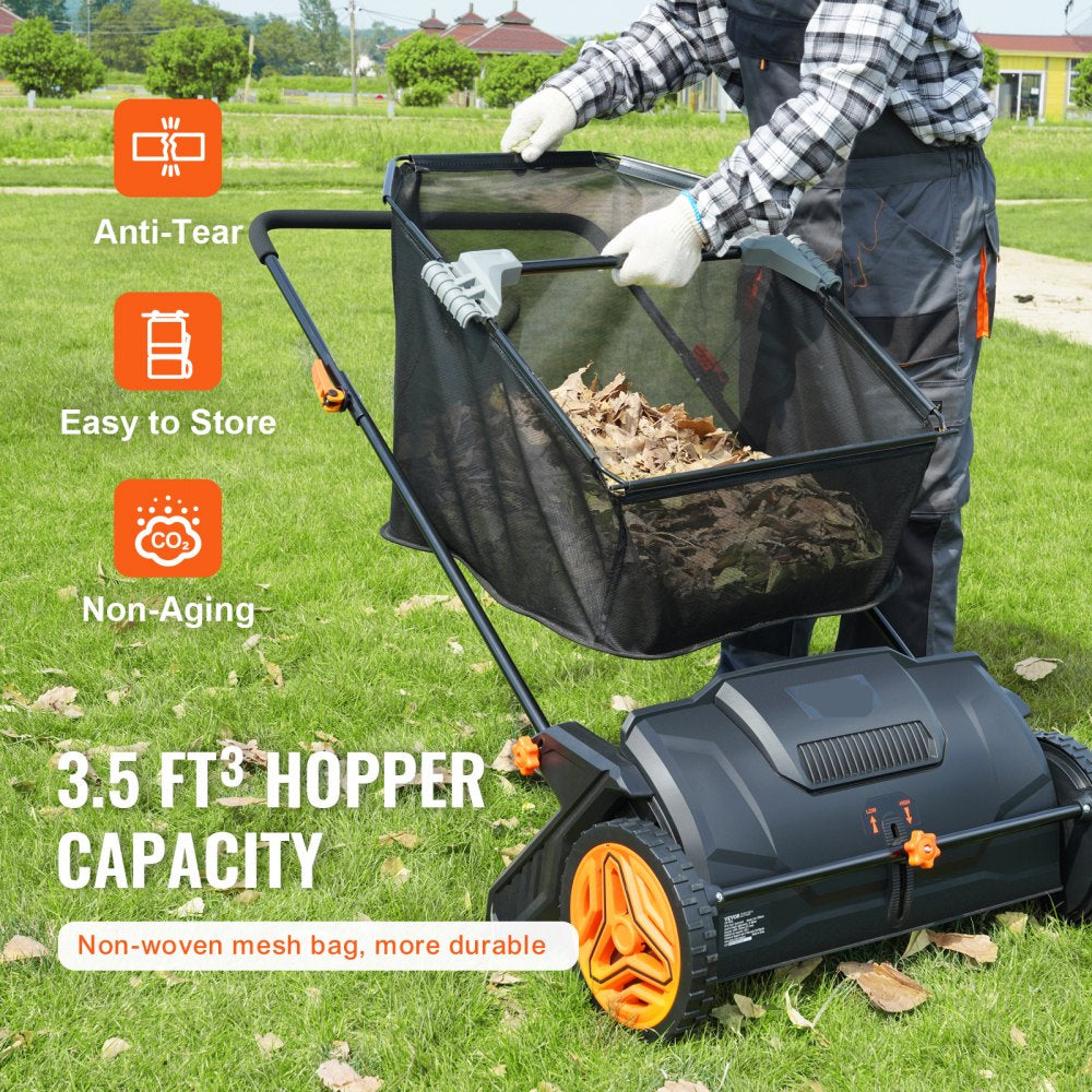 Push Lawn Sweeper 21 inch Leaf Grass Collector Durable Steel Frame Rubber Wheels 35 cu ft Hopper Bag 2 Spinning Brushes