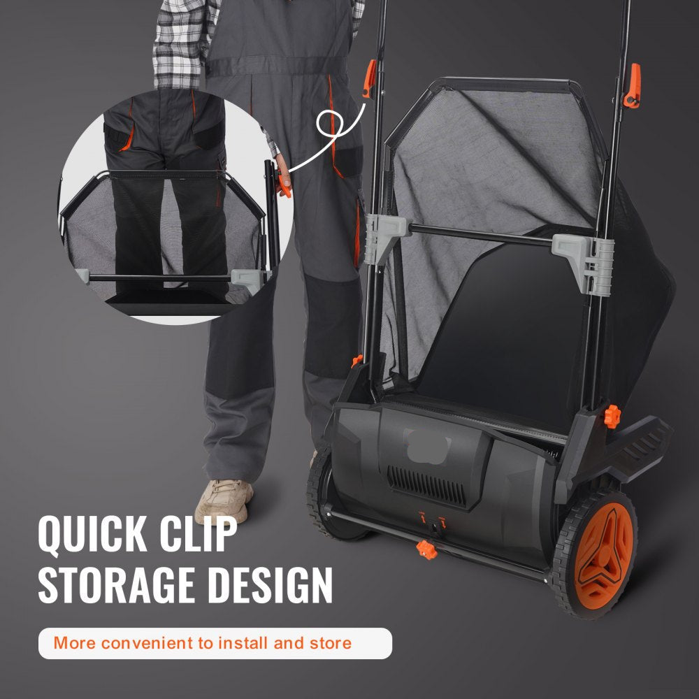 Push Lawn Sweeper 21 inch Leaf Grass Collector Durable Steel Frame Rubber Wheels 35 cu ft Hopper Bag 2 Spinning Brushes