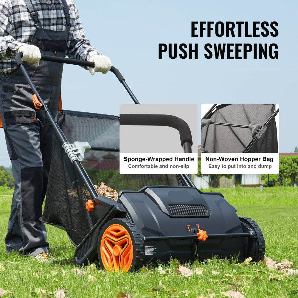 Push Lawn Sweeper 21 inch Leaf Grass Collector Durable Steel Frame Rubber Wheels 35 cu ft Hopper Bag 2 Spinning Brushes