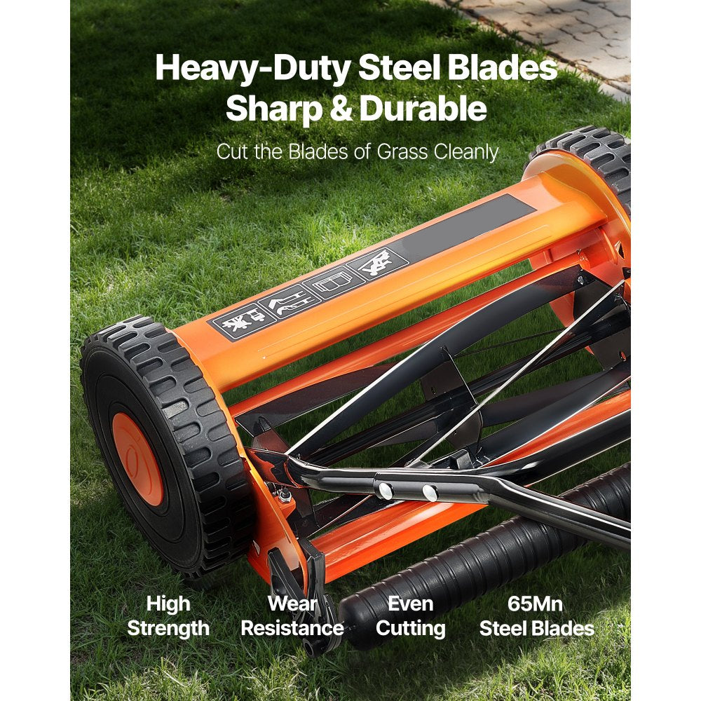 Manual Push Reel Lawn Mower 14in 5 Blade Adjustable Height Grass Catcher 2 Wheels