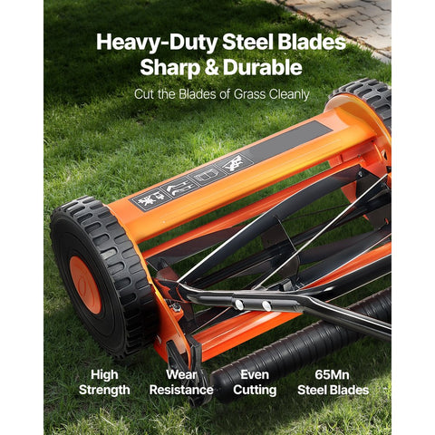 Manual Push Reel Lawn Mower 14in 5 Blade Adjustable Height Grass Catcher 2 Wheels