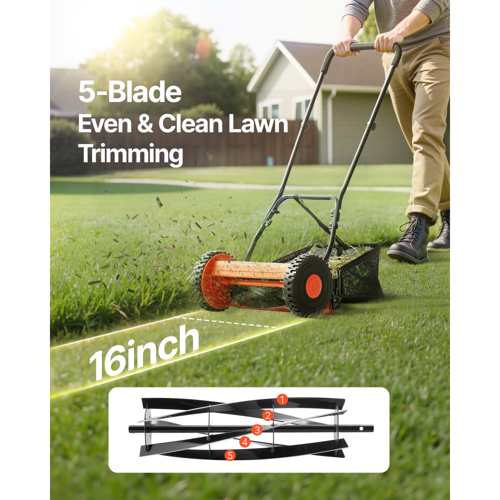 16 Inch Manual Push Reel Lawn Mower 5 Blade Adjustable Height with Grass Catcher 2 Wheel Walk Behind Hand Push Lawn Mower for Yard Garden