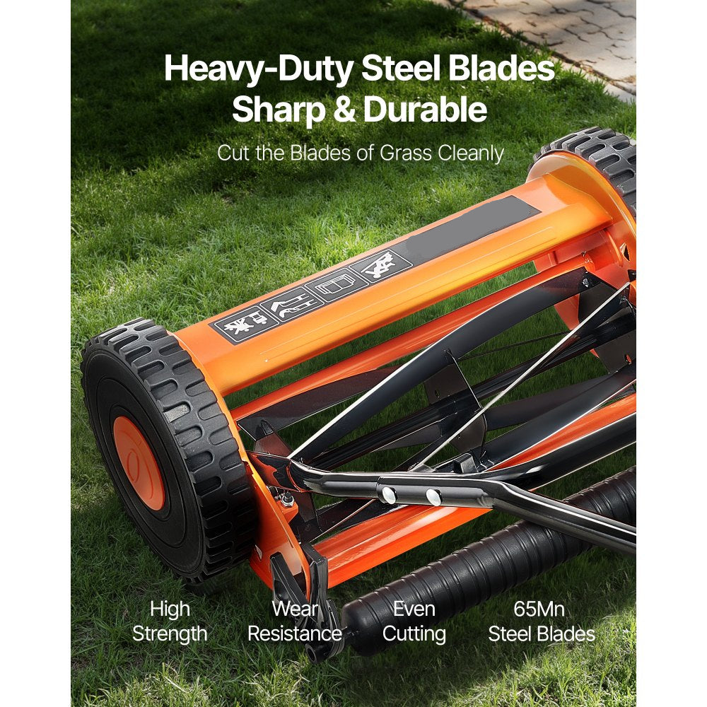 16 Inch Manual Push Reel Lawn Mower 5 Blade Adjustable Height with Grass Catcher 2 Wheel Walk Behind Hand Push Lawn Mower for Yard Garden