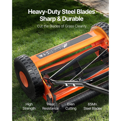 16 Inch Manual Push Reel Lawn Mower 5 Blade Adjustable Height with Grass Catcher 2 Wheel Walk Behind Hand Push Lawn Mower for Yard Garden