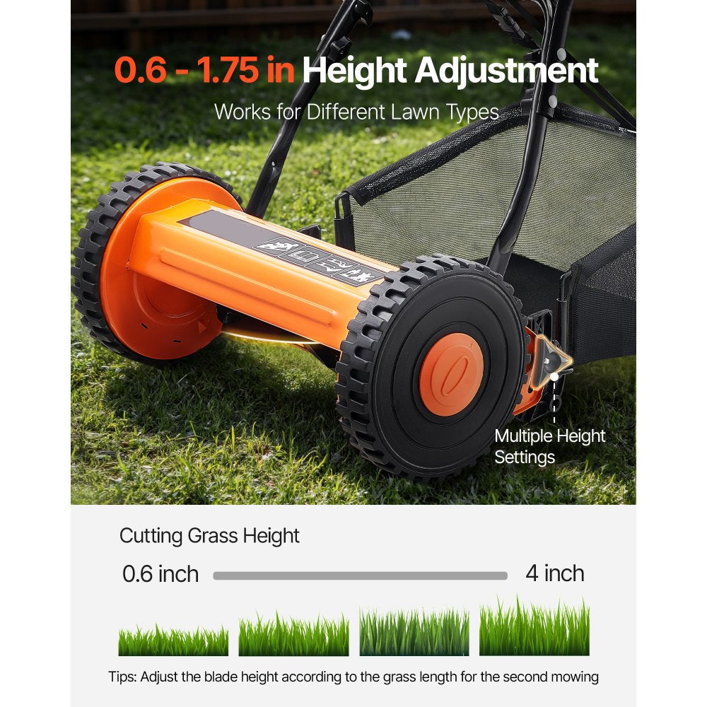 16 Inch Manual Push Reel Lawn Mower 5 Blade Adjustable Height with Grass Catcher 2 Wheel Walk Behind Hand Push Lawn Mower for Yard Garden