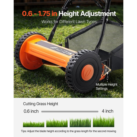 16 Inch Manual Push Reel Lawn Mower 5 Blade Adjustable Height with Grass Catcher 2 Wheel Walk Behind Hand Push Lawn Mower for Yard Garden