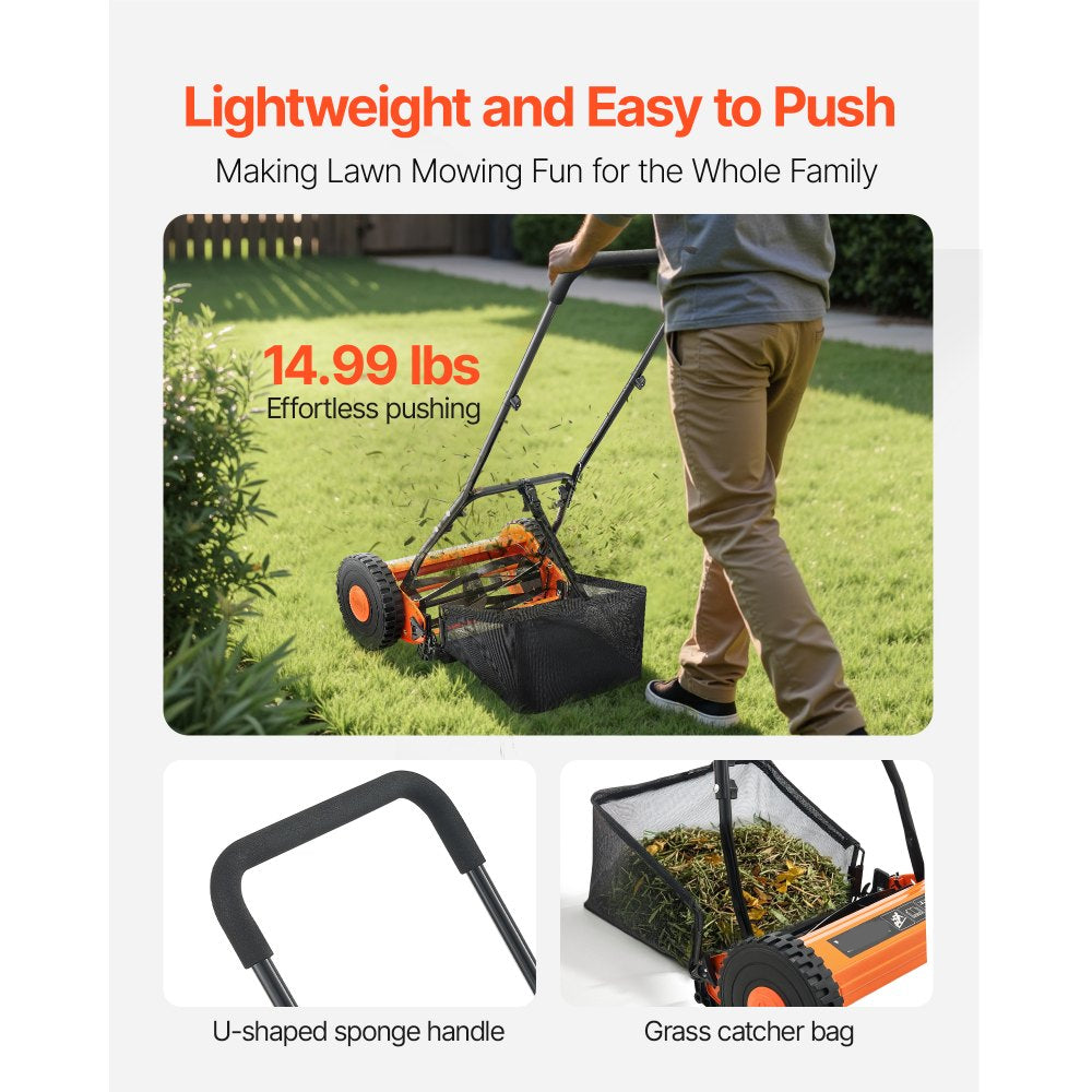 16 Inch Manual Push Reel Lawn Mower 5 Blade Adjustable Height with Grass Catcher 2 Wheel Walk Behind Hand Push Lawn Mower for Yard Garden