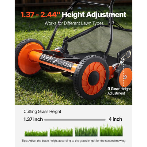 18in Manual Push Reel Lawn Mower 5 Blade with Adjustable Height Grass Catcher and 4 Wheels