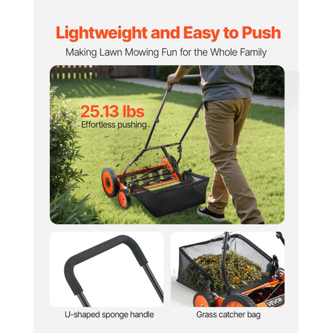 18in Manual Push Reel Lawn Mower 5 Blade with Adjustable Height Grass Catcher and 4 Wheels