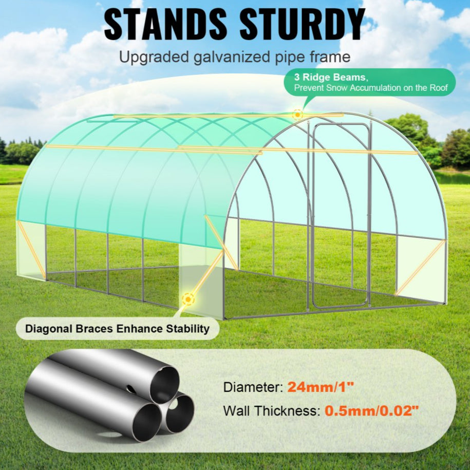 Walk-in Tunnel Greenhouse 19.36x9.68x7.4ft Galvanized Steel Frame Durable PE Cover for Outdoor Gardening Green
