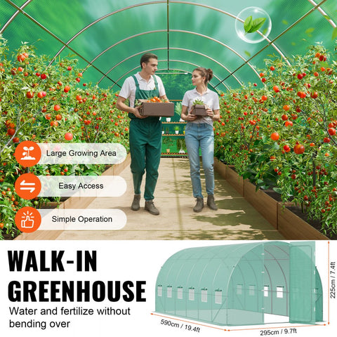 Walk-in Tunnel Greenhouse 19.36x9.68x7.4ft Galvanized Steel Frame Durable PE Cover for Outdoor Gardening Green