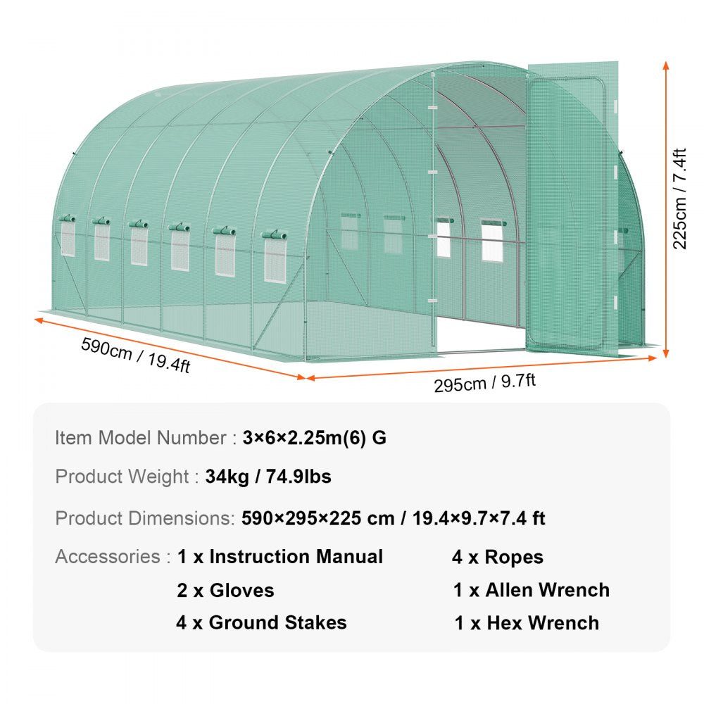 Walk-in Tunnel Greenhouse 19.36x9.68x7.4ft Galvanized Steel Frame Durable PE Cover for Outdoor Gardening Green