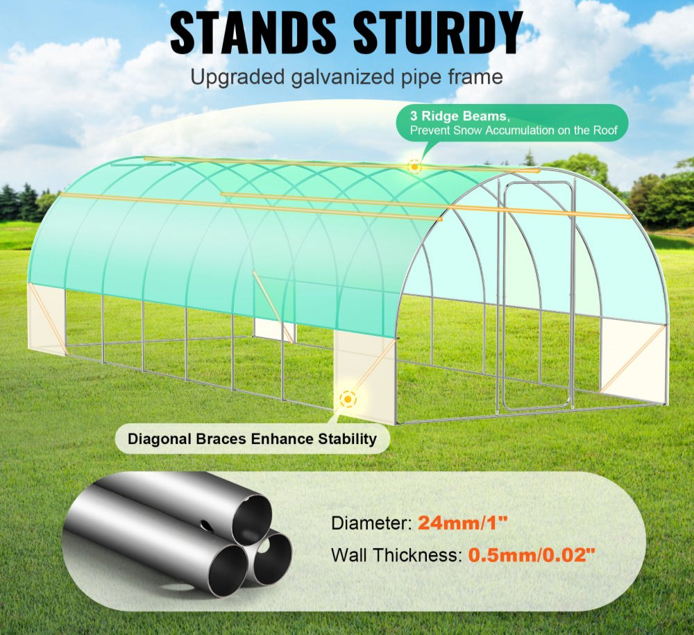 Walk-in Tunnel Greenhouse 27.38x9.5x7.38ft Galvanized Frame PE Cover Green