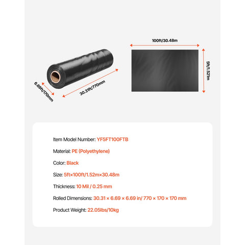 5 x 100 FT Plastic Sheeting Heavy Duty, 10Mil Thick Plastic Sheeting Roll, Plastic Drop Cloth Painters Tarp, Polyethylene Covering for Crawl Space Vapor Barrier, Multi-Purpose, Black
