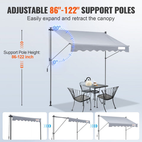 Manual Retractable Awning, 118" Outdoor Retractable Patio Awning Sunshade Shelter, Adjustable Patio Door Window Awning Canopy with 39" Sun Shade Curtain for Backyard, Garden, Balcony