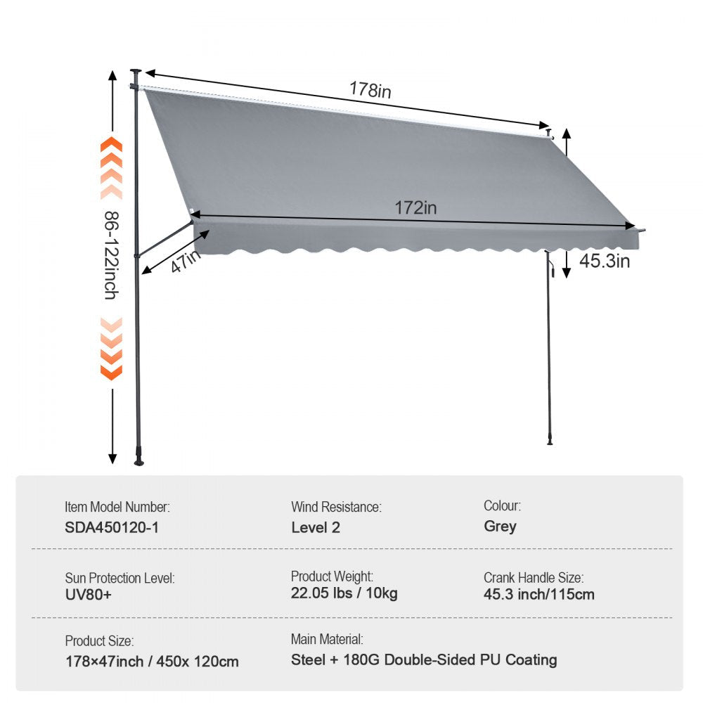 178x47" Patio Awning Retractable Awning Sunshade Shelter with Crank Handle