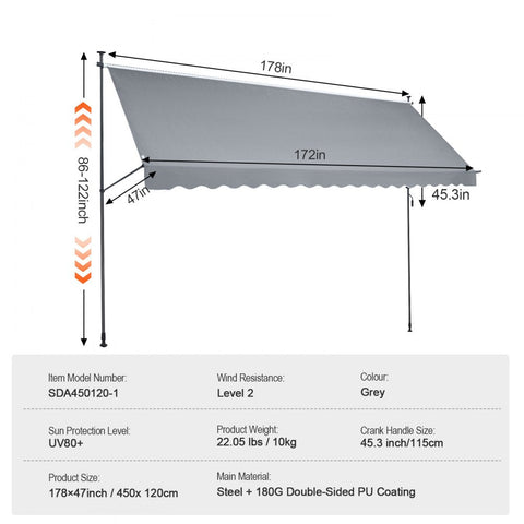 178x47" Patio Awning Retractable Awning Sunshade Shelter with Crank Handle