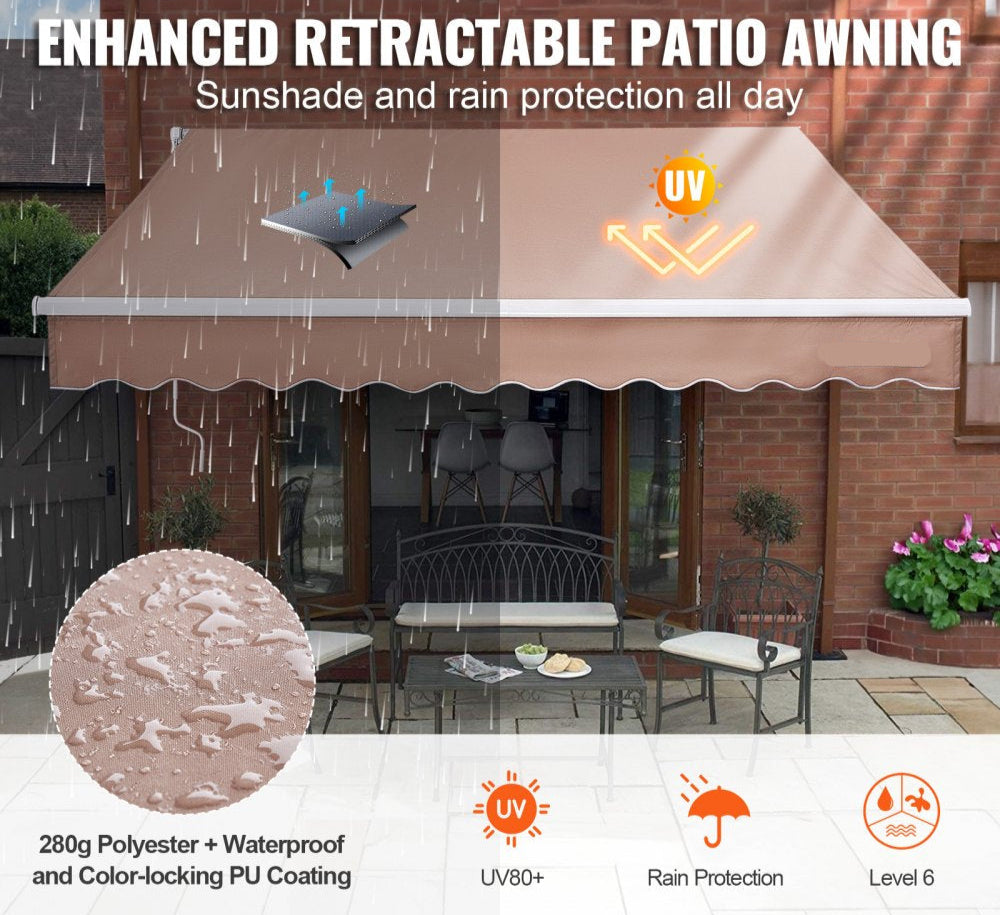 Manual Retractable Awning, 13 x 8 ft Outdoor Patio Awning Retractable Sun Shade, Water-Resistant Polyester Patio Door Window Awning Sunshade Shelter with Crank Handle for Backyard, Balcony