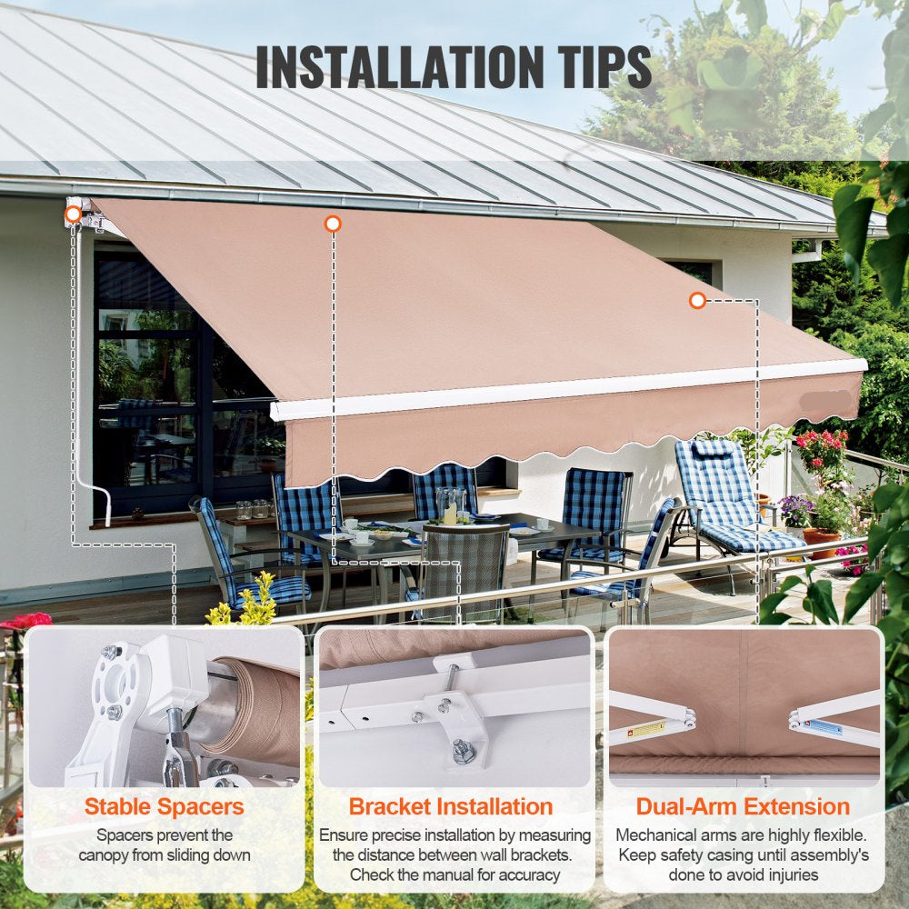 Manual Retractable Awning, 13 x 8 ft Outdoor Patio Awning Retractable Sun Shade, Water-Resistant Polyester Patio Door Window Awning Sunshade Shelter with Crank Handle for Backyard, Balcony
