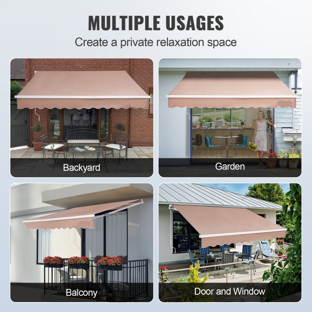 Manual Retractable Awning, 13 x 8 ft Outdoor Patio Awning Retractable Sun Shade, Water-Resistant Polyester Patio Door Window Awning Sunshade Shelter with Crank Handle for Backyard, Balcony