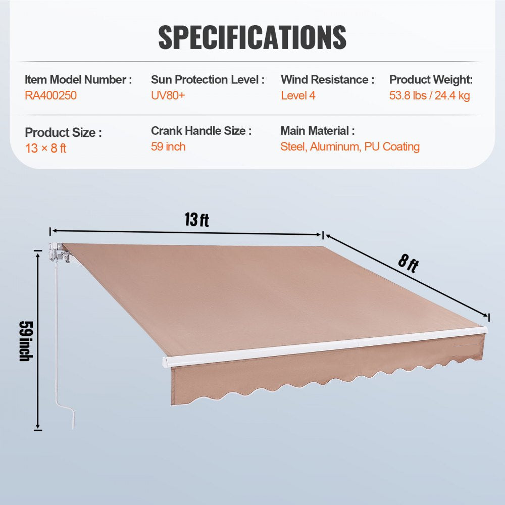 Manual Retractable Awning, 13 x 8 ft Outdoor Patio Awning Retractable Sun Shade, Water-Resistant Polyester Patio Door Window Awning Sunshade Shelter with Crank Handle for Backyard, Balcony
