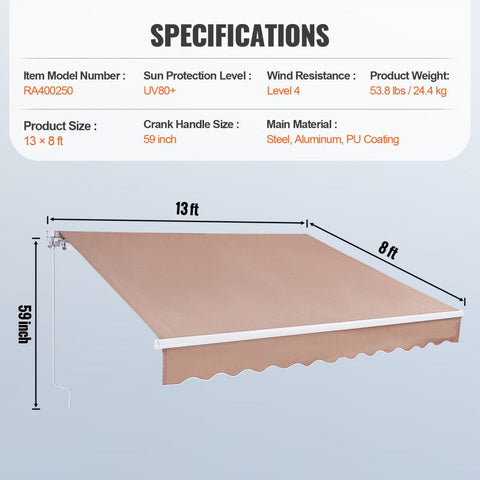 Manual Retractable Awning, 13 x 8 ft Outdoor Patio Awning Retractable Sun Shade, Water-Resistant Polyester Patio Door Window Awning Sunshade Shelter with Crank Handle for Backyard, Balcony
