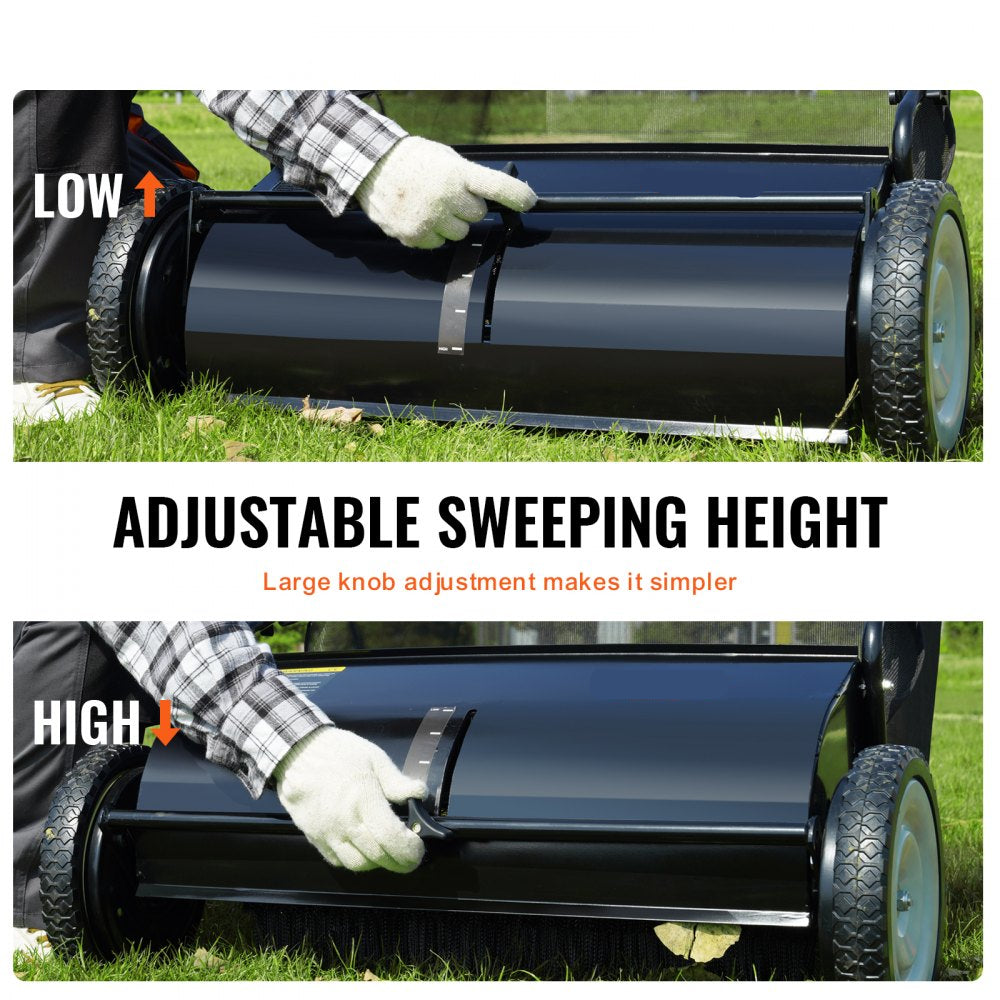 Push Lawn Sweeper 26in Leaf and Grass Collector Rubber Wheels Heavy Duty Steel with Large Capacity 7 cu ft Mesh Bag 4 Spinning Brushes