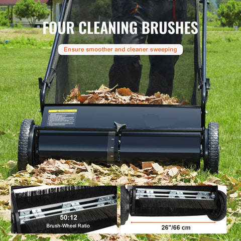 Push Lawn Sweeper 26in Leaf and Grass Collector Rubber Wheels Heavy Duty Steel with Large Capacity 7 cu ft Mesh Bag 4 Spinning Brushes