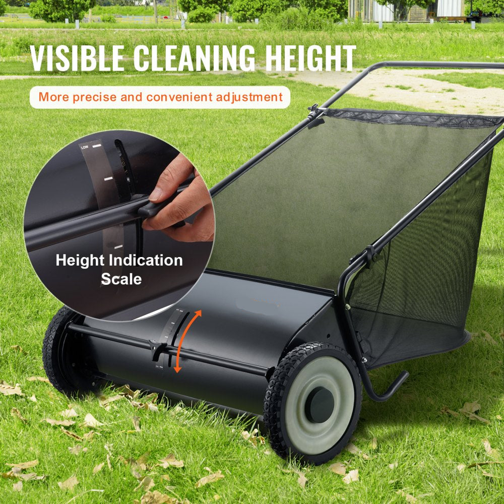 Push Lawn Sweeper 26in Leaf and Grass Collector Rubber Wheels Heavy Duty Steel with Large Capacity 7 cu ft Mesh Bag 4 Spinning Brushes