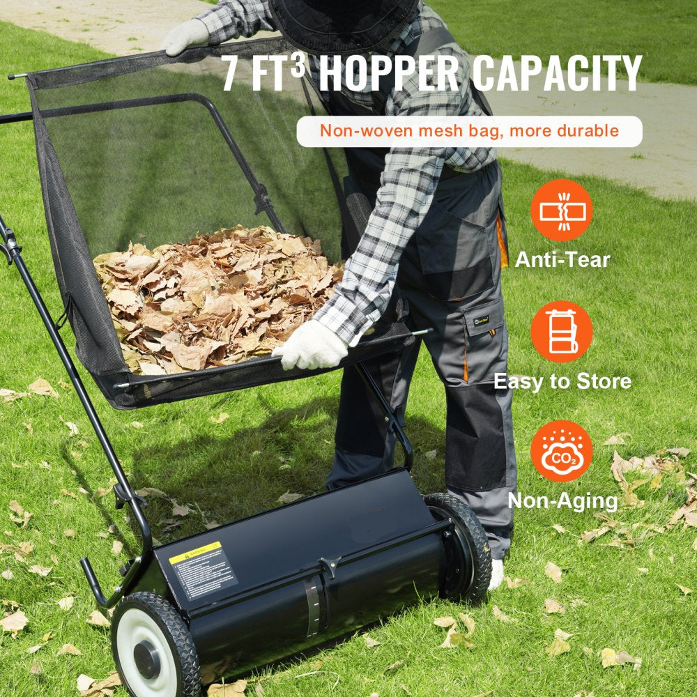 Push Lawn Sweeper 26in Leaf and Grass Collector Rubber Wheels Heavy Duty Steel with Large Capacity 7 cu ft Mesh Bag 4 Spinning Brushes