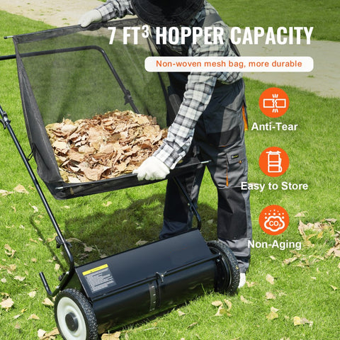 Push Lawn Sweeper 26in Leaf and Grass Collector Rubber Wheels Heavy Duty Steel with Large Capacity 7 cu ft Mesh Bag 4 Spinning Brushes