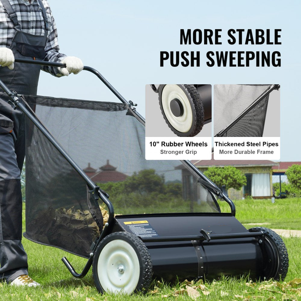 Push Lawn Sweeper 26in Leaf and Grass Collector Rubber Wheels Heavy Duty Steel with Large Capacity 7 cu ft Mesh Bag 4 Spinning Brushes