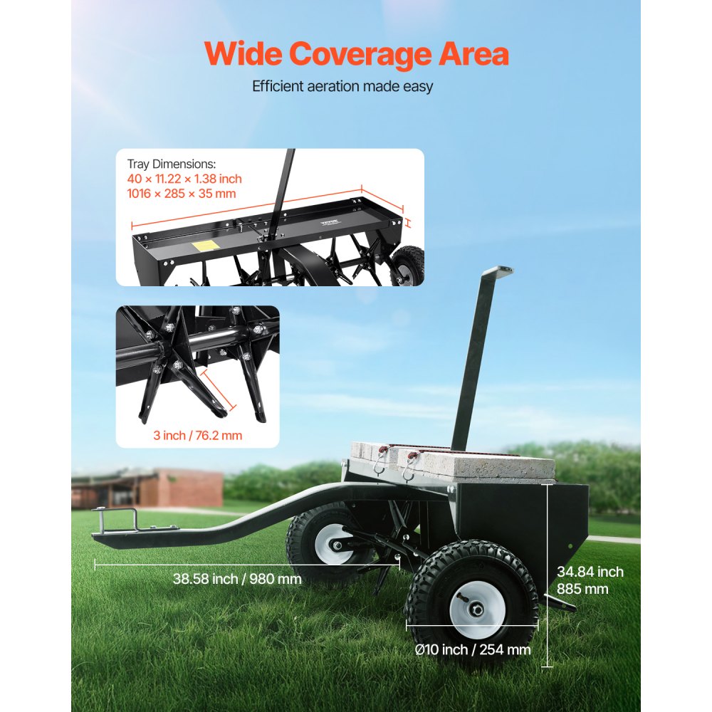 Tow Behind Plug Aerator 40in Lawn Aerator with Universal Hitch Pull Behind Aerator with Iron Spikes Alternately Arranged for Gardens Lawns Farms