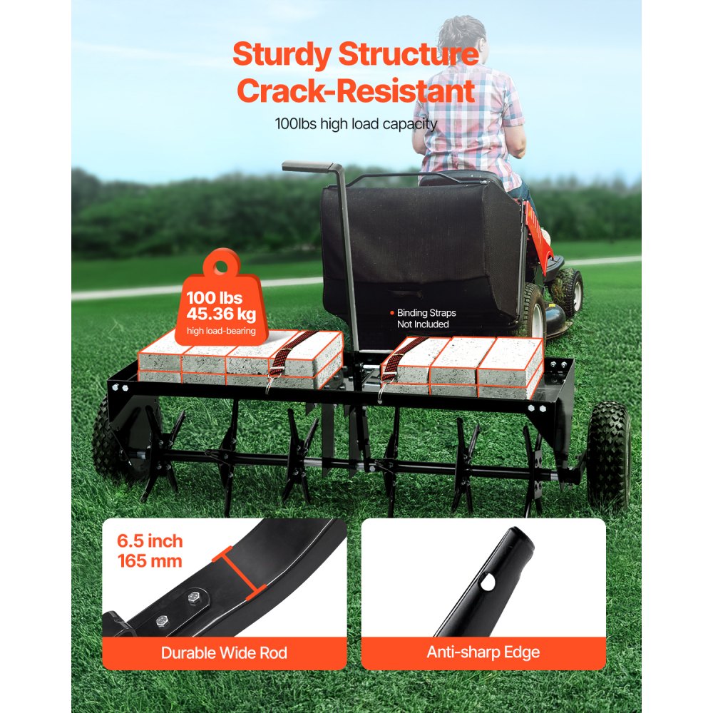 Tow Behind Plug Aerator 40in Lawn Aerator with Universal Hitch Pull Behind Aerator with Iron Spikes Alternately Arranged for Gardens Lawns Farms