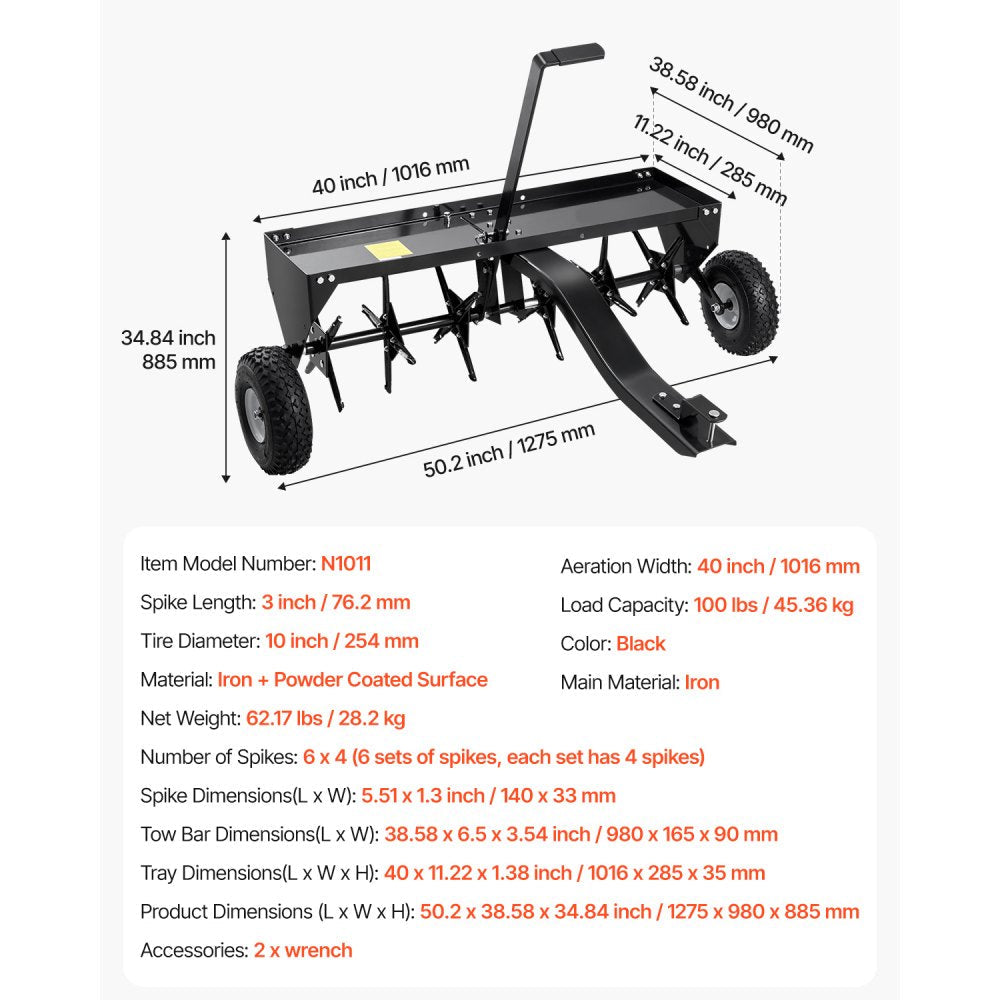 Tow Behind Plug Aerator 40in Lawn Aerator with Universal Hitch Pull Behind Aerator with Iron Spikes Alternately Arranged for Gardens Lawns Farms