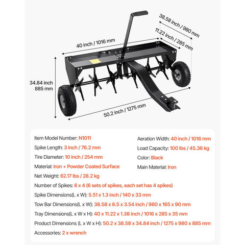 Tow Behind Plug Aerator 40in Lawn Aerator with Universal Hitch Pull Behind Aerator with Iron Spikes Alternately Arranged for Gardens Lawns Farms