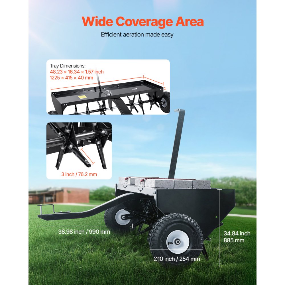 Tow Behind Plug Aerator, 48-Inch Tow Behind Lawn Plug Aerator with Universal Hitch, Pull Behind Aerator with Iron Spikes Alternately Arranged, Lawn Aerator Tow Behind for Gardens, Lawns, Farms