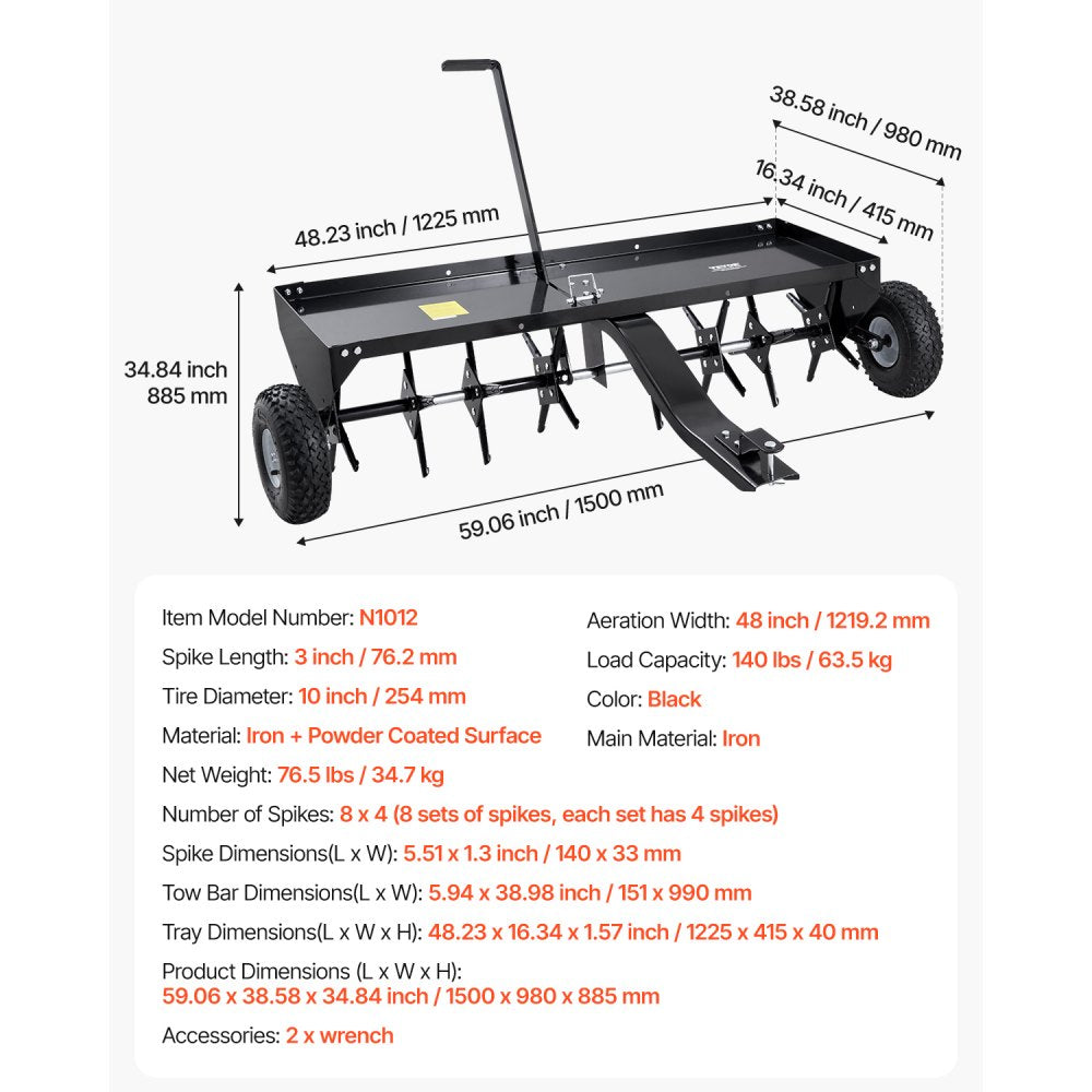 Tow Behind Plug Aerator, 48-Inch Tow Behind Lawn Plug Aerator with Universal Hitch, Pull Behind Aerator with Iron Spikes Alternately Arranged, Lawn Aerator Tow Behind for Gardens, Lawns, Farms