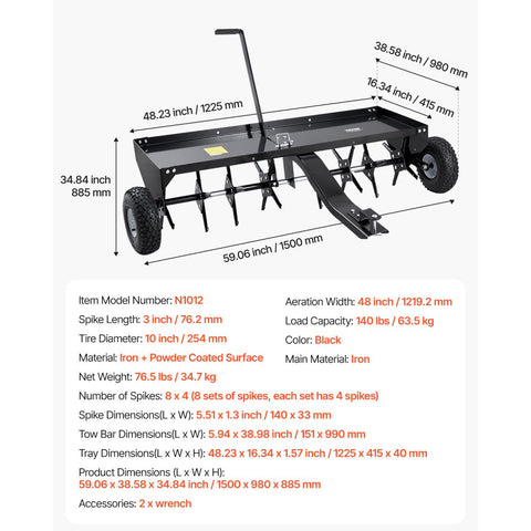 Tow Behind Plug Aerator, 48-Inch Tow Behind Lawn Plug Aerator with Universal Hitch, Pull Behind Aerator with Iron Spikes Alternately Arranged, Lawn Aerator Tow Behind for Gardens, Lawns, Farms