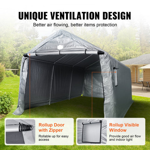 Outdoor Portable Storage Shelter Shed, 10x15x8ft Heavy Duty Instant Garage Tent Canopy Carport with Roll-up Zipper Door and Ventilated Windows For Cars, Motorcycle, Bike, Garden Tools