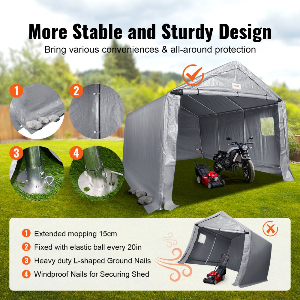 Outdoor Portable Storage Shelter Shed, 10x15x8ft Heavy Duty Instant Garage Tent Canopy Carport with Roll-up Zipper Door and Ventilated Windows For Cars, Motorcycle, Bike, Garden Tools