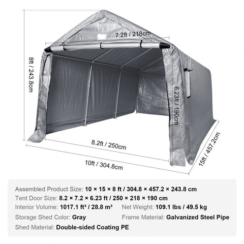 Outdoor Portable Storage Shelter Shed, 10x15x8ft Heavy Duty Instant Garage Tent Canopy Carport with Roll-up Zipper Door and Ventilated Windows For Cars, Motorcycle, Bike, Garden Tools